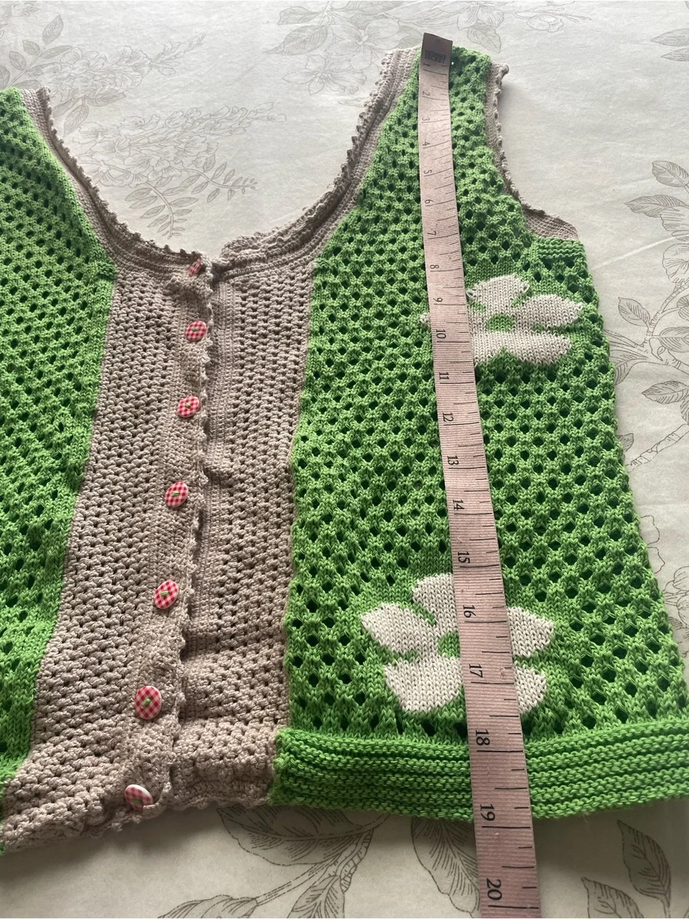 Handmade Green Floral Crochet Button Sleeveless Top Small 6 Cottagecore Boho